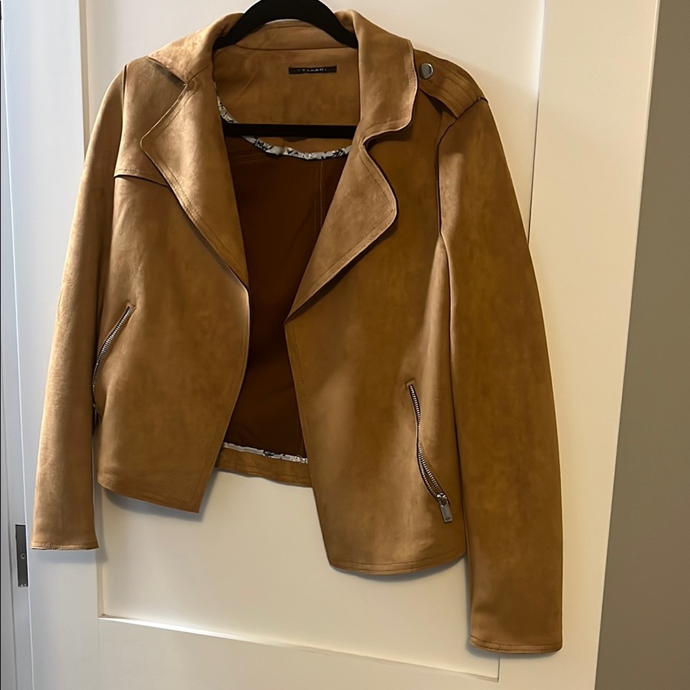 Tahari Tan Faux Leather Jacket Classic Blazer Style